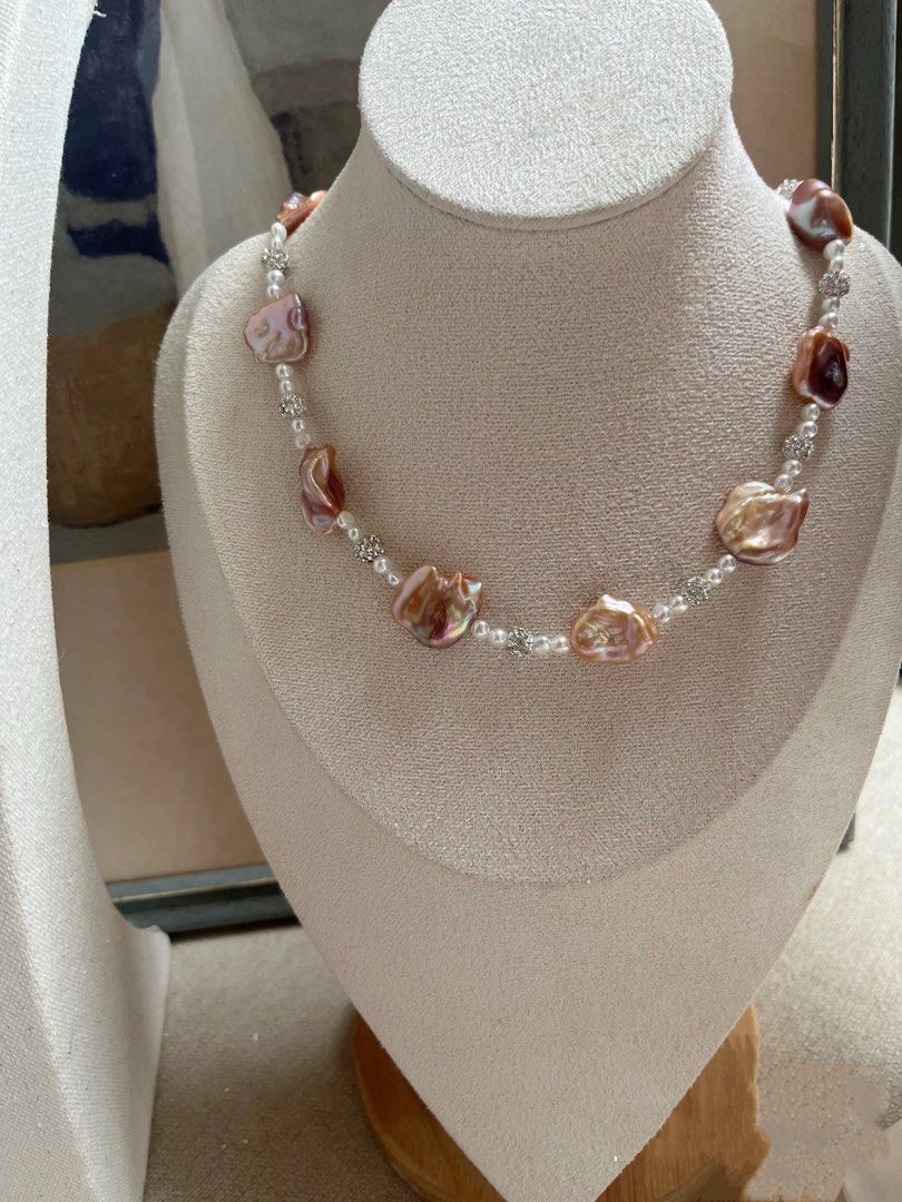 #PN982 Freshwater Pearl Necklace | Smooth Lustrous Purple-Champagne Big Petal Pearl | Baby Baroque | Zircon Butterfly Clasp| Silver&Golden Mix| High Quality | Flowing Gold | Rare
