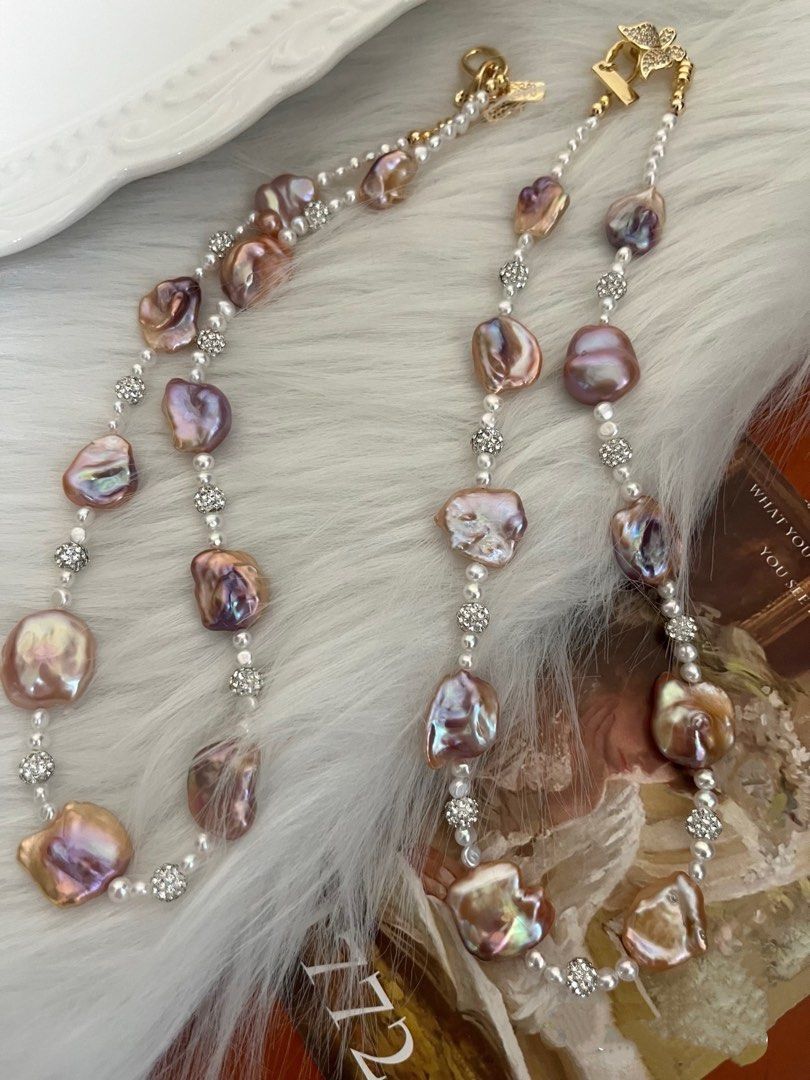 #PN982 Freshwater Pearl Necklace | Smooth Lustrous Purple-Champagne Big Petal Pearl | Baby Baroque | Zircon Butterfly Clasp| Silver&Golden Mix| High Quality | Flowing Gold | Rare