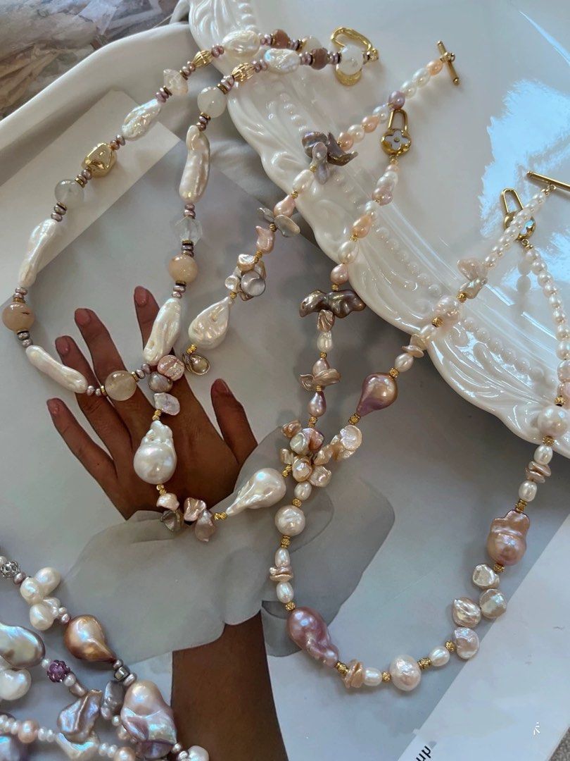 #PN983 Freshwater Pearl Necklace | Fishtail Baroque | Super Big Stick Pearl | Butterfly Silver-Stone| Metallic Petals| Excellent Lustre | Square Baroque | MOP Clover Clasp| Baby Pearl | Natural Stones | Beauty of Mother Nature | Gift Choice
