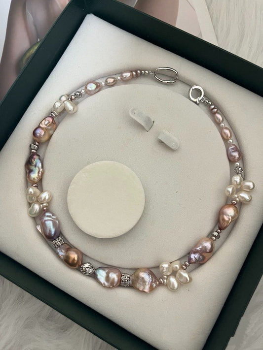 #PN983 Freshwater Pearl Necklace | Fishtail Baroque | Super Big Stick Pearl | Butterfly Silver-Stone| Metallic Petals| Excellent Lustre | Square Baroque | MOP Clover Clasp| Baby Pearl | Natural Stones | Beauty of Mother Nature | Gift Choice