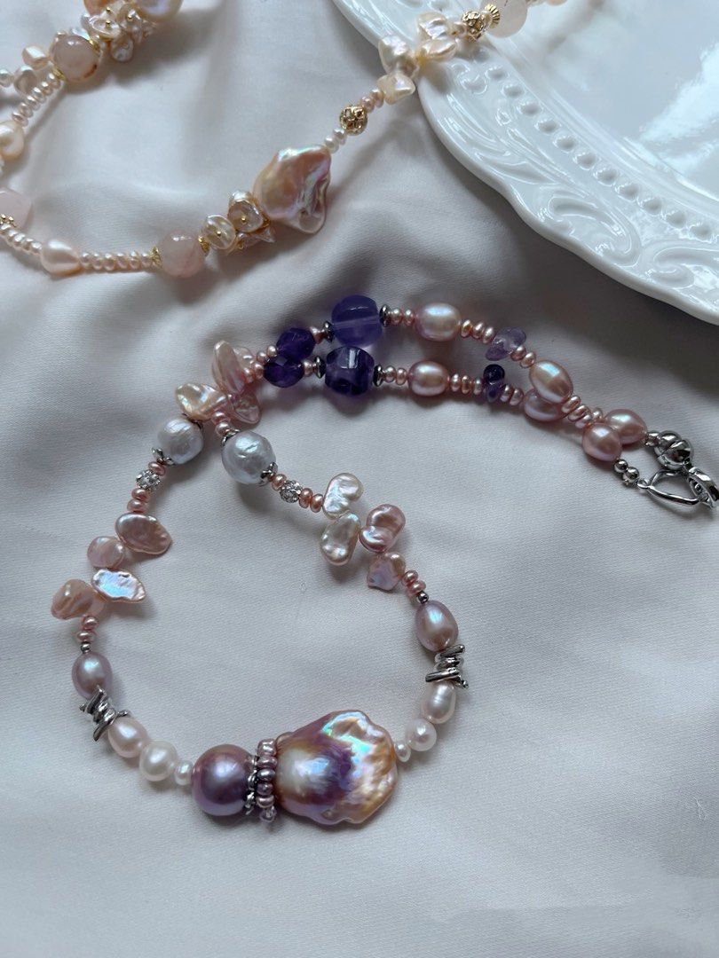 #PN984 [Floral Series] Freshwater Pearl Necklace | White Chunky Teeth| Thick Metallic Petal Big| Tsavorite| Fishtail Baroque | Thick Coins| Mini Pearl Ring| Big Purple Edison| Amethyst | Rose Quartz Tower | Perfect Gift 💝 Choice | From River to the Sea