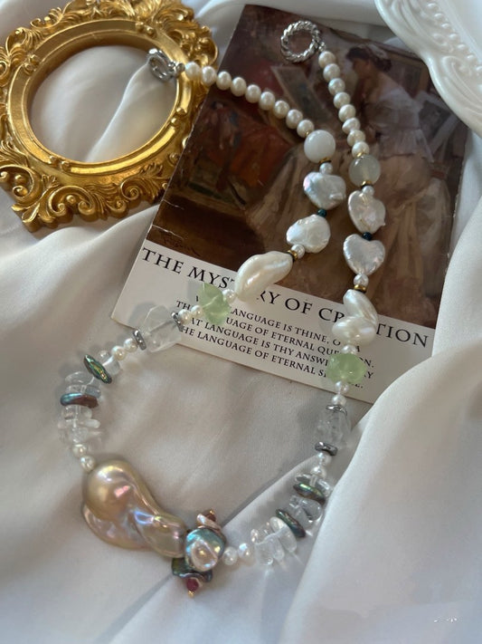 #PN985 [Floral Series] Freshwater Pearl Necklace | Colourful Petals | Clear Quartz Chip|Prehnite Faceted| Heart, Peanut Shaped Baroque Light Dim Golden Lustre Fishtail Baroque | Cool Fresh Breath in Hot Summer