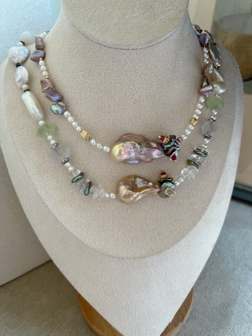 #PN985 [Floral Series] Freshwater Pearl Necklace | Colourful Petals | Clear Quartz Chip|Prehnite Faceted| Heart, Peanut Shaped Baroque Light Dim Golden Lustre Fishtail Baroque | Cool Fresh Breath in Hot Summer