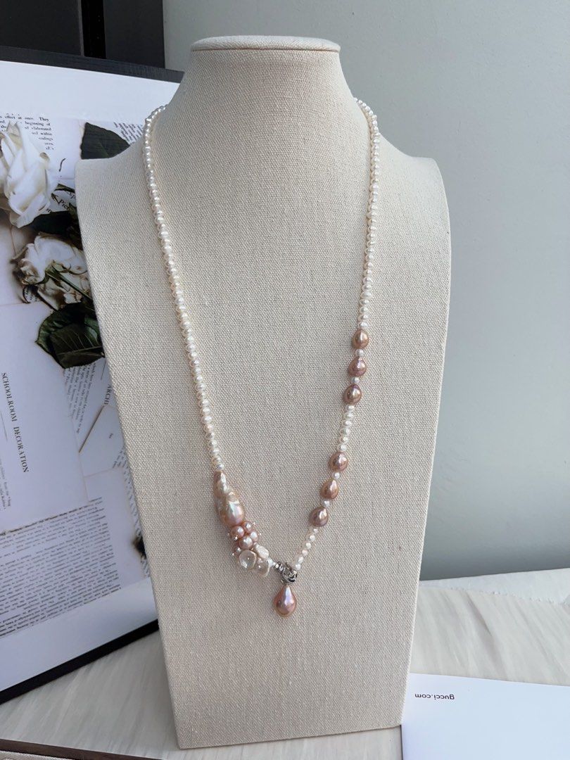 #PN986 [Floral Series] Freshwater Pearl Necklace | 68cm Long Sweater Necklace | Classic Y Shape & Multiple Wearable Ways| Avocado Fishtail Baroque | More Than Just Accessory| Petals & Baby Baroque Pearl