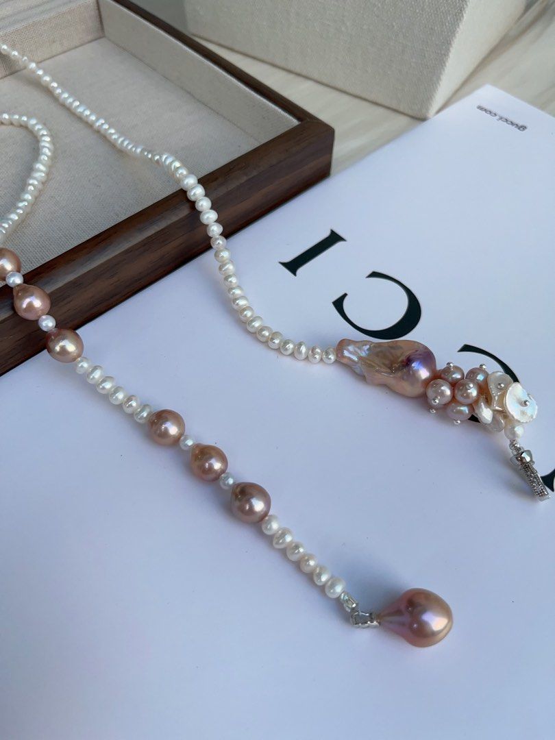 #PN986 [Floral Series] Freshwater Pearl Necklace | 68cm Long Sweater Necklace | Classic Y Shape & Multiple Wearable Ways| Avocado Fishtail Baroque | More Than Just Accessory| Petals & Baby Baroque Pearl