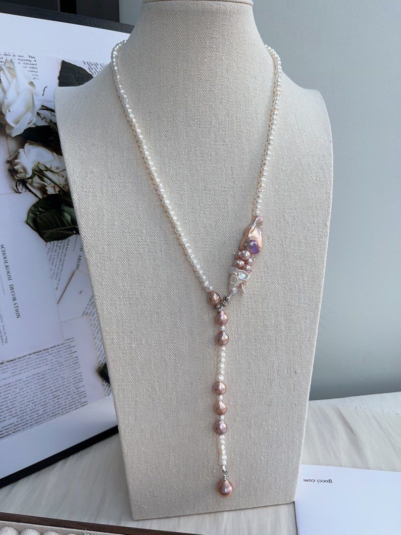 #PN986 [Floral Series] Freshwater Pearl Necklace | 68cm Long Sweater Necklace | Classic Y Shape & Multiple Wearable Ways| Avocado Fishtail Baroque | More Than Just Accessory| Petals & Baby Baroque Pearl