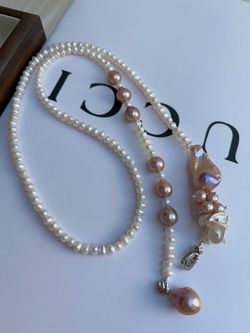 #PN986 [Floral Series] Freshwater Pearl Necklace | 68cm Long Sweater Necklace | Classic Y Shape & Multiple Wearable Ways| Avocado Fishtail Baroque | More Than Just Accessory| Petals & Baby Baroque Pearl