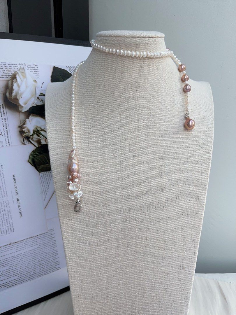 #PN986 [Floral Series] Freshwater Pearl Necklace | 68cm Long Sweater Necklace | Classic Y Shape & Multiple Wearable Ways| Avocado Fishtail Baroque | More Than Just Accessory| Petals & Baby Baroque Pearl