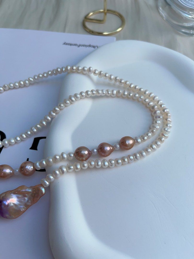 #PN986 [Floral Series] Freshwater Pearl Necklace | 68cm Long Sweater Necklace | Classic Y Shape & Multiple Wearable Ways| Avocado Fishtail Baroque | More Than Just Accessory| Petals & Baby Baroque Pearl