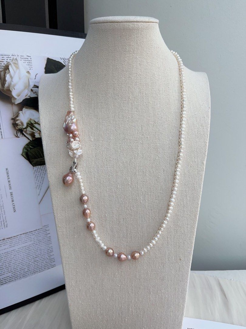 #PN986 [Floral Series] Freshwater Pearl Necklace | 68cm Long Sweater Necklace | Classic Y Shape & Multiple Wearable Ways| Avocado Fishtail Baroque | More Than Just Accessory| Petals & Baby Baroque Pearl