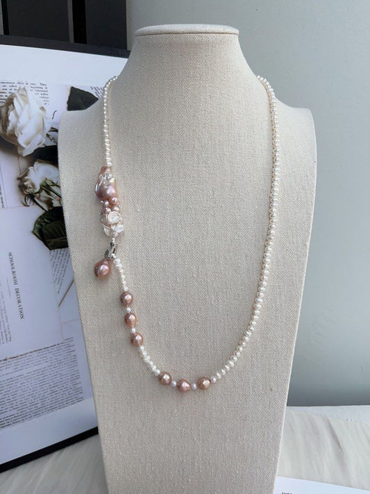 #PN986 [Floral Series] Freshwater Pearl Necklace | 68cm Long Sweater Necklace | Classic Y Shape & Multiple Wearable Ways| Avocado Fishtail Baroque | More Than Just Accessory| Petals & Baby Baroque Pearl