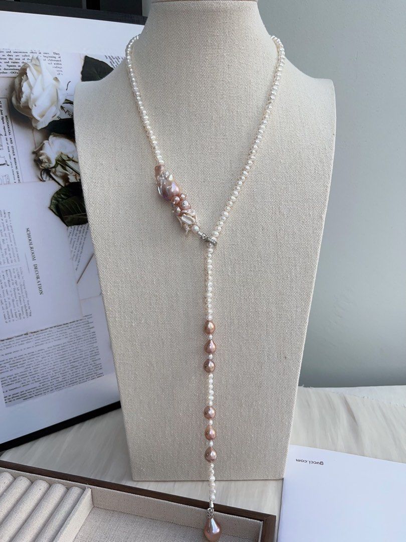 #PN986 [Floral Series] Freshwater Pearl Necklace | 68cm Long Sweater Necklace | Classic Y Shape & Multiple Wearable Ways| Avocado Fishtail Baroque | More Than Just Accessory| Petals & Baby Baroque Pearl
