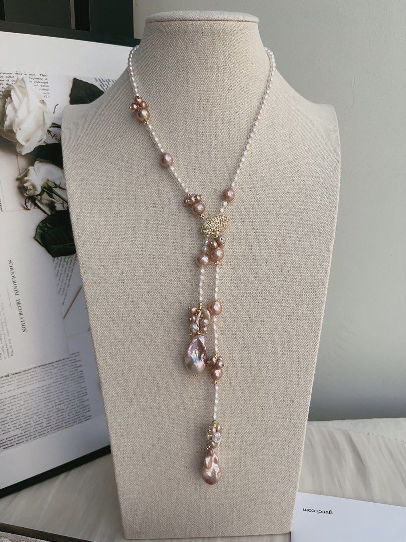 #PN987 [Floral Series] Freshwater Pearl Necklace | Scarf 🧣 Like Design| 75cm Long Sweater Necklace | 2 Rounds | Purple Baroque | Lustrous Fishtail | Baby Pearl| Leaf 🍃 Clasp| Wear at Any Length | Speaking of Elegance