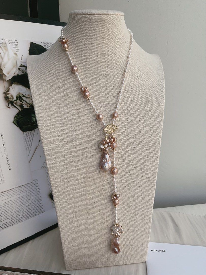 #PN987 [Floral Series] Freshwater Pearl Necklace | Scarf 🧣 Like Design| 75cm Long Sweater Necklace | 2 Rounds | Purple Baroque | Lustrous Fishtail | Baby Pearl| Leaf 🍃 Clasp| Wear at Any Length | Speaking of Elegance