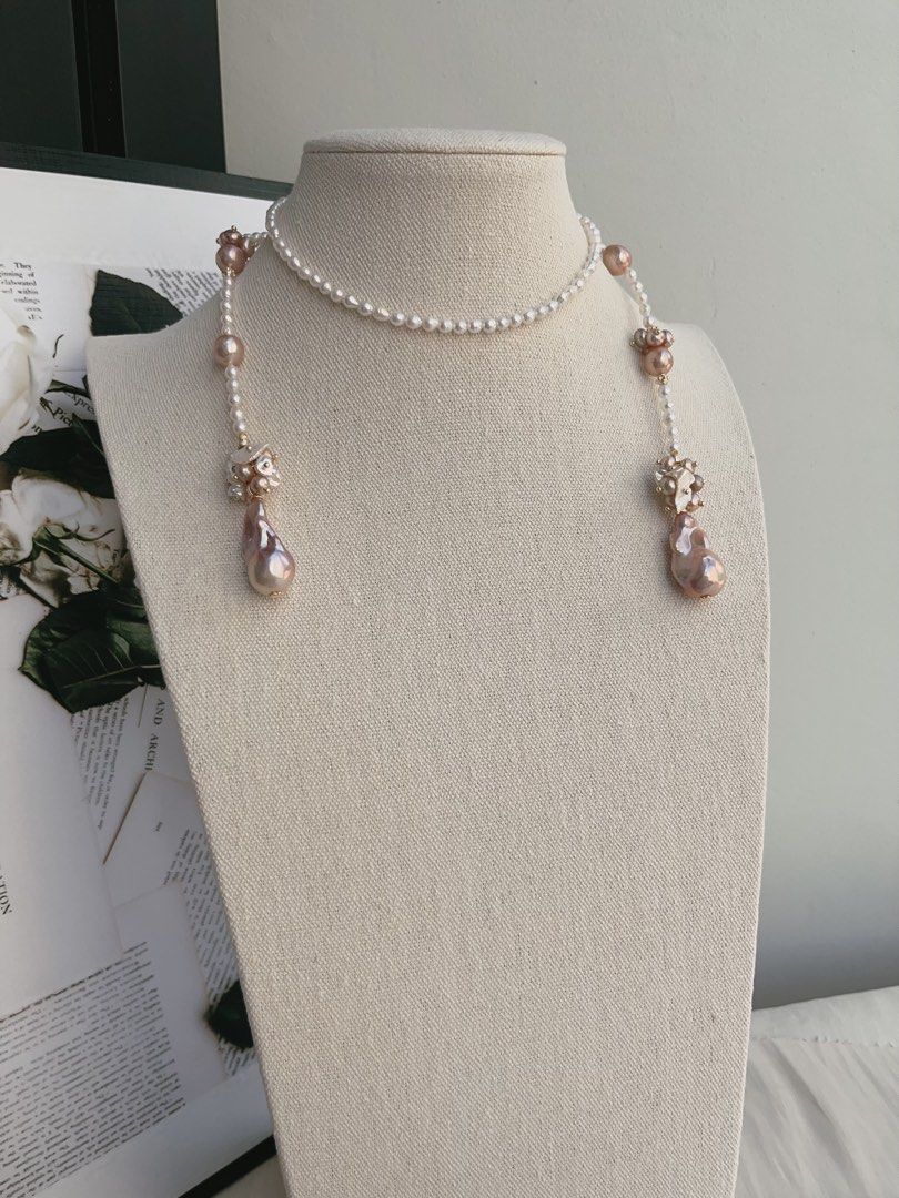 #PN987 [Floral Series] Freshwater Pearl Necklace | Scarf 🧣 Like Design| 75cm Long Sweater Necklace | 2 Rounds | Purple Baroque | Lustrous Fishtail | Baby Pearl| Leaf 🍃 Clasp| Wear at Any Length | Speaking of Elegance