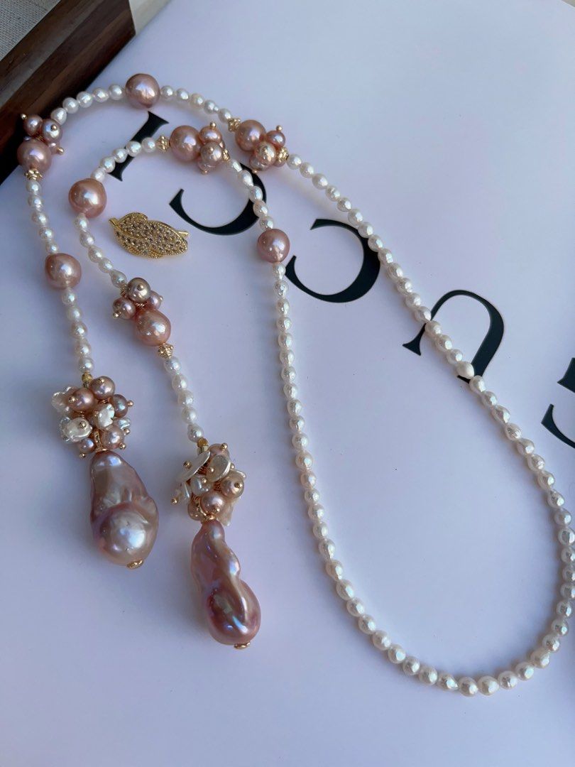 #PN987 [Floral Series] Freshwater Pearl Necklace | Scarf 🧣 Like Design| 75cm Long Sweater Necklace | 2 Rounds | Purple Baroque | Lustrous Fishtail | Baby Pearl| Leaf 🍃 Clasp| Wear at Any Length | Speaking of Elegance