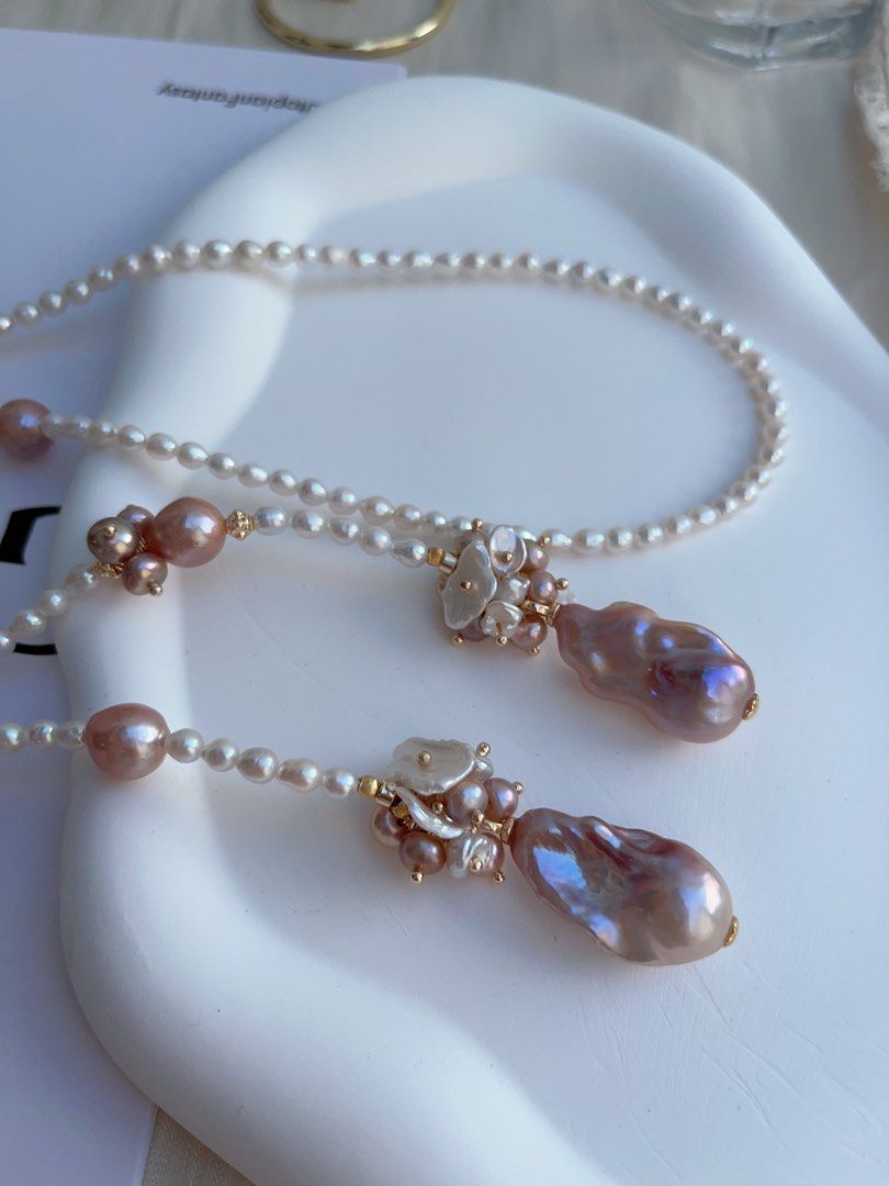 #PN987 [Floral Series] Freshwater Pearl Necklace | Scarf 🧣 Like Design| 75cm Long Sweater Necklace | 2 Rounds | Purple Baroque | Lustrous Fishtail | Baby Pearl| Leaf 🍃 Clasp| Wear at Any Length | Speaking of Elegance