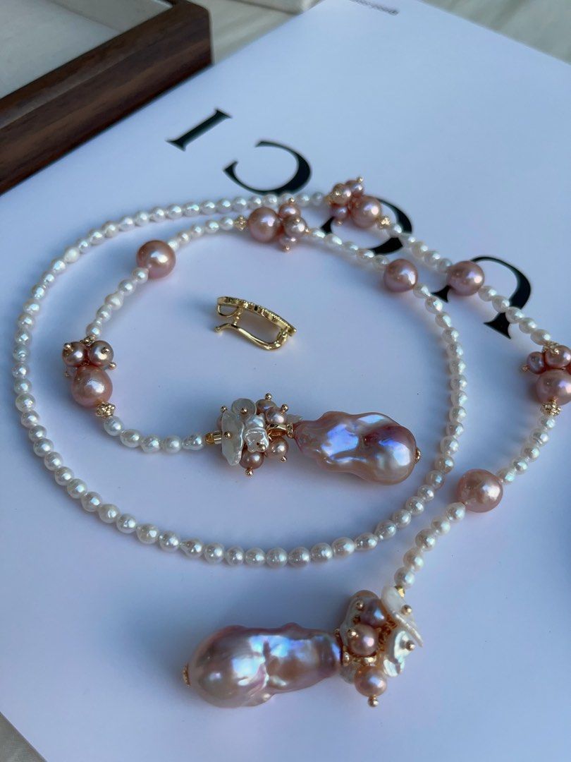 #PN987 [Floral Series] Freshwater Pearl Necklace | Scarf 🧣 Like Design| 75cm Long Sweater Necklace | 2 Rounds | Purple Baroque | Lustrous Fishtail | Baby Pearl| Leaf 🍃 Clasp| Wear at Any Length | Speaking of Elegance