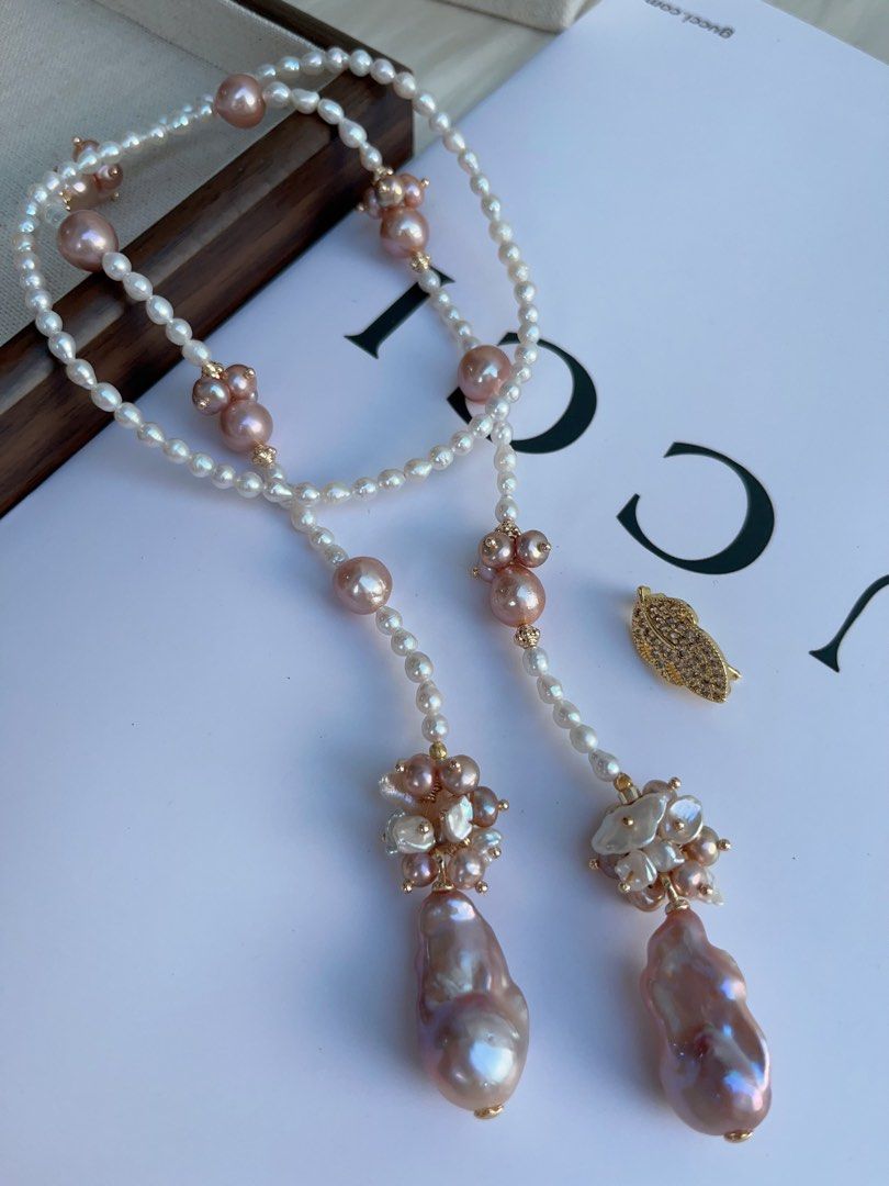 #PN987 [Floral Series] Freshwater Pearl Necklace | Scarf 🧣 Like Design| 75cm Long Sweater Necklace | 2 Rounds | Purple Baroque | Lustrous Fishtail | Baby Pearl| Leaf 🍃 Clasp| Wear at Any Length | Speaking of Elegance