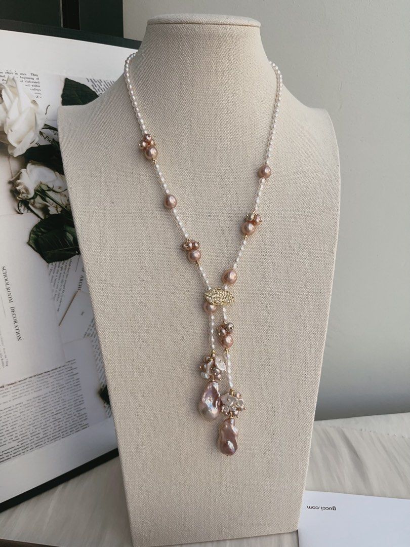#PN987 [Floral Series] Freshwater Pearl Necklace | Scarf 🧣 Like Design| 75cm Long Sweater Necklace | 2 Rounds | Purple Baroque | Lustrous Fishtail | Baby Pearl| Leaf 🍃 Clasp| Wear at Any Length | Speaking of Elegance