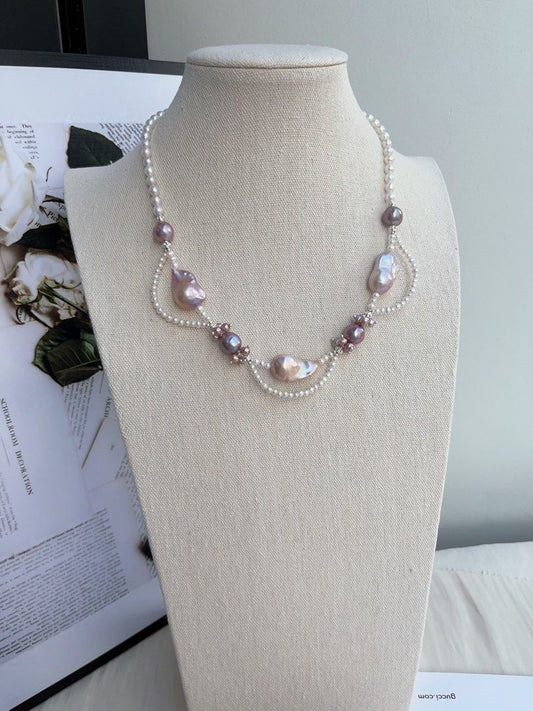 #PN990 [Floral Series] Freshwater Pearl Necklace | Fairy Purple | Lustrous Fishtail Baroque Pearl | Lace Design | Ultimate Elegance| Natural Flaws | 45cm| You Know What You Want