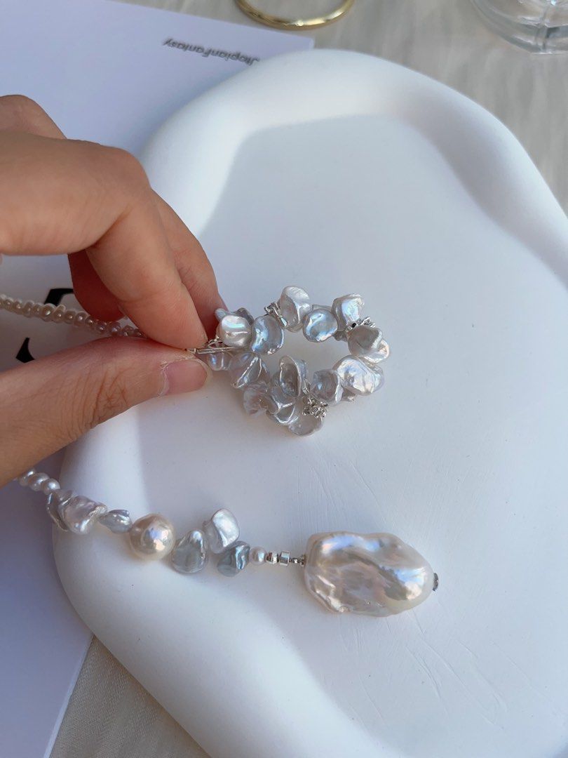 #PN992 Freshwater Pearl Necklace | 78cm Long Sweater Necklace | Flower Ring Design | Silver-stone Pearl| Fishtail Baroque | Lustrous | Multi Wearing | Unwrap Your Signature Sparkle