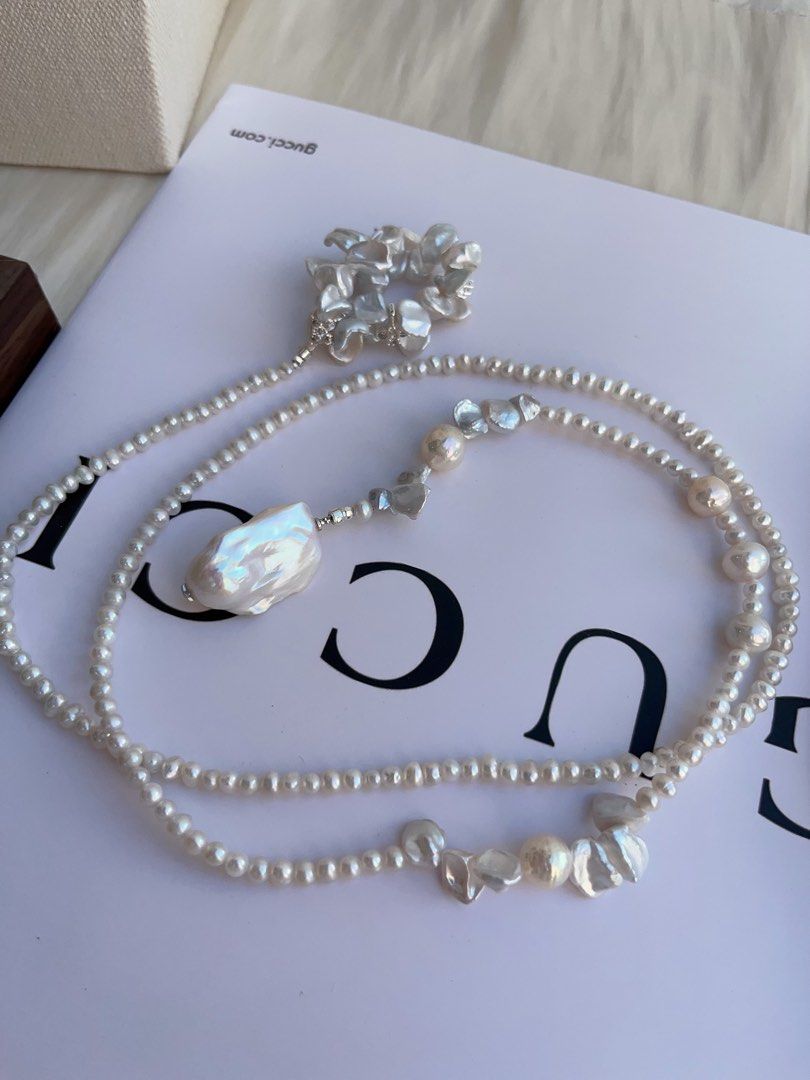 #PN992 Freshwater Pearl Necklace | 78cm Long Sweater Necklace | Flower Ring Design | Silver-stone Pearl| Fishtail Baroque | Lustrous | Multi Wearing | Unwrap Your Signature Sparkle