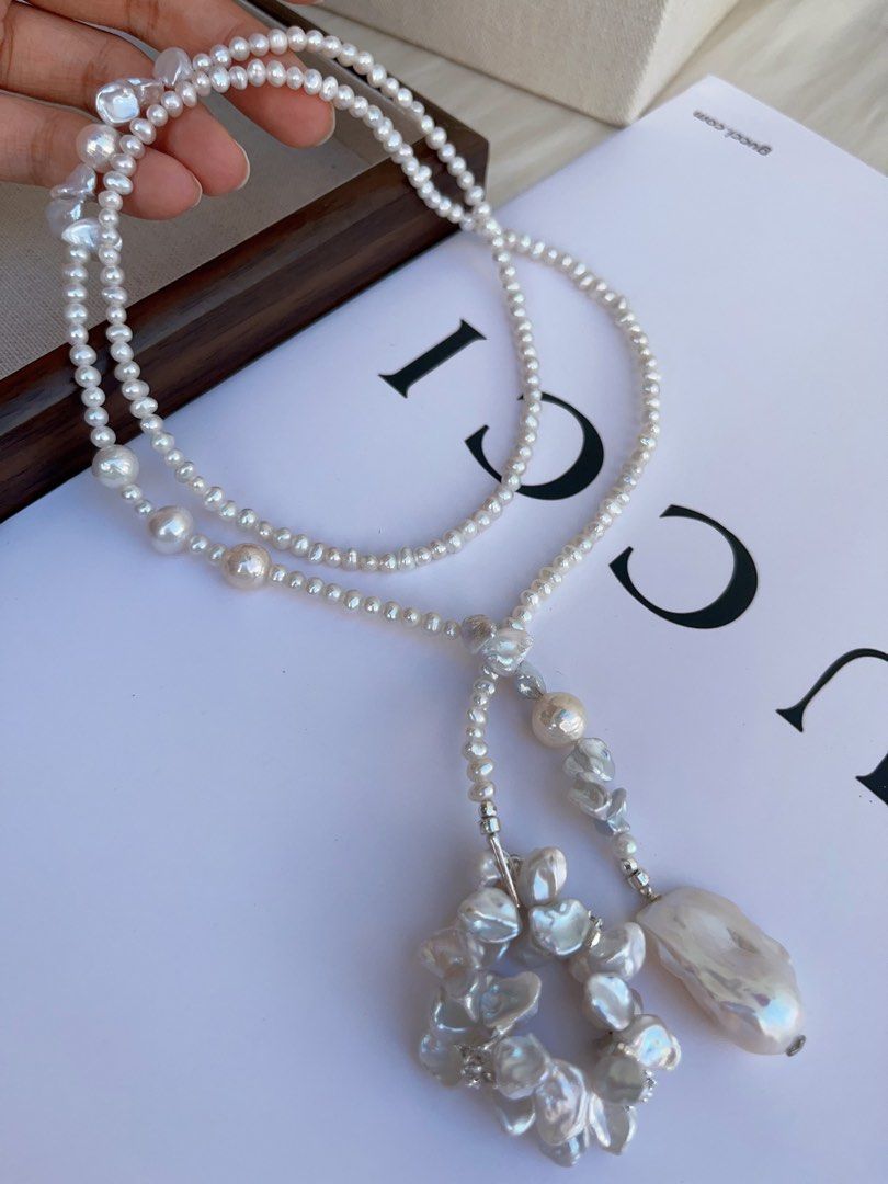 #PN992 Freshwater Pearl Necklace | 78cm Long Sweater Necklace | Flower Ring Design | Silver-stone Pearl| Fishtail Baroque | Lustrous | Multi Wearing | Unwrap Your Signature Sparkle