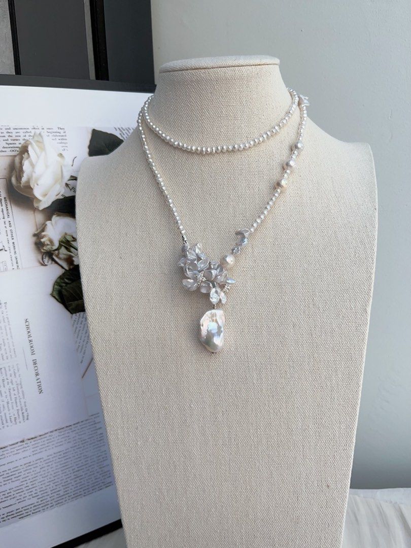 #PN992 Freshwater Pearl Necklace | 78cm Long Sweater Necklace | Flower Ring Design | Silver-stone Pearl| Fishtail Baroque | Lustrous | Multi Wearing | Unwrap Your Signature Sparkle