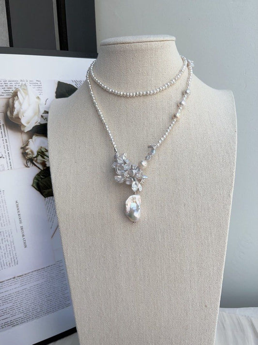 #PN992 Freshwater Pearl Necklace | 78cm Long Sweater Necklace | Flower Ring Design | Silver-stone Pearl| Fishtail Baroque | Lustrous | Multi Wearing | Unwrap Your Signature Sparkle