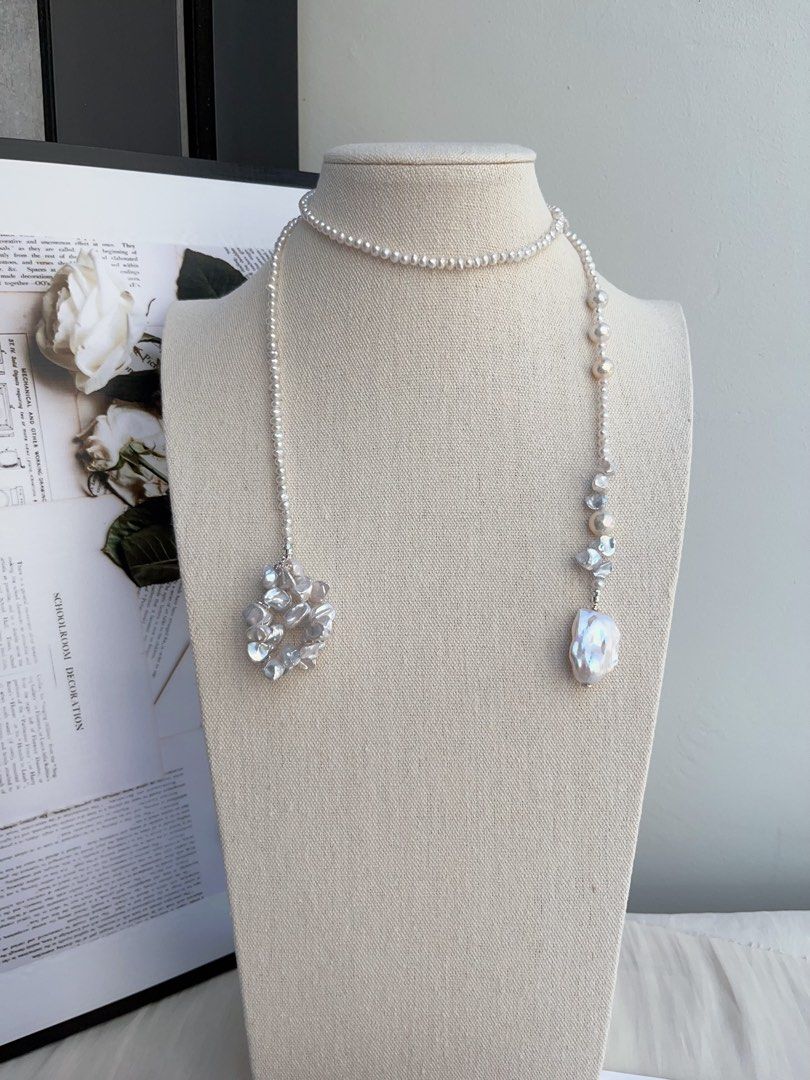 #PN992 Freshwater Pearl Necklace | 78cm Long Sweater Necklace | Flower Ring Design | Silver-stone Pearl| Fishtail Baroque | Lustrous | Multi Wearing | Unwrap Your Signature Sparkle