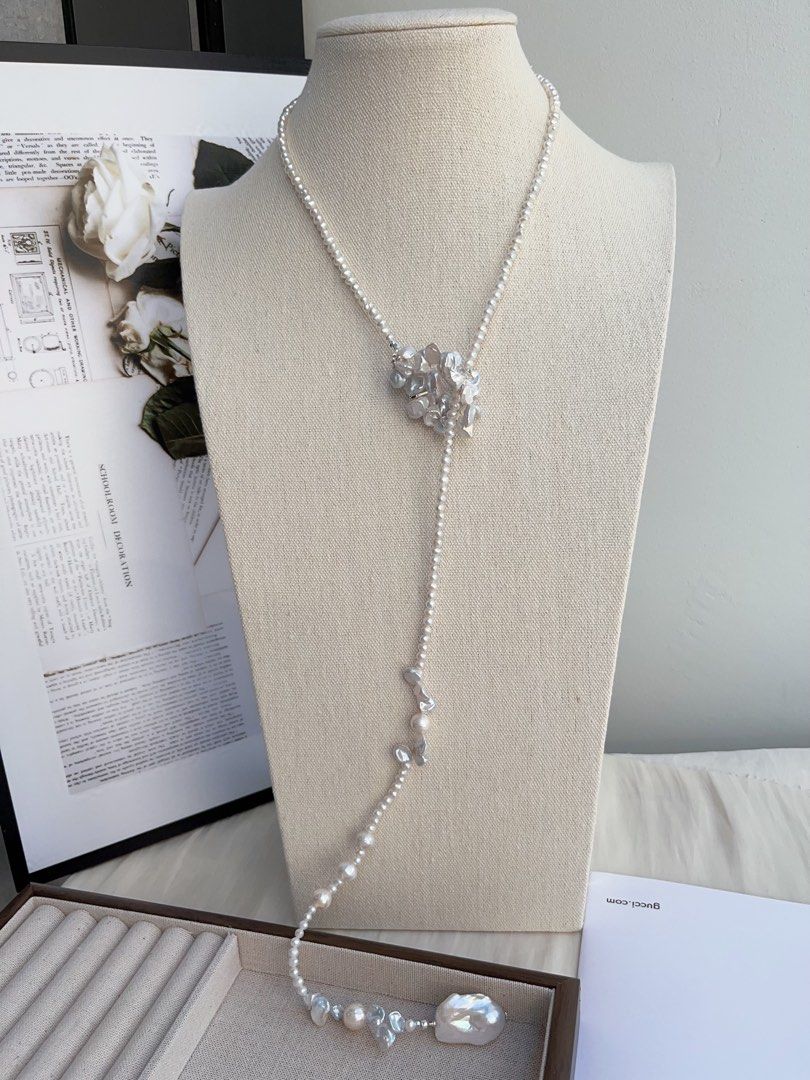 #PN992 Freshwater Pearl Necklace | 78cm Long Sweater Necklace | Flower Ring Design | Silver-stone Pearl| Fishtail Baroque | Lustrous | Multi Wearing | Unwrap Your Signature Sparkle