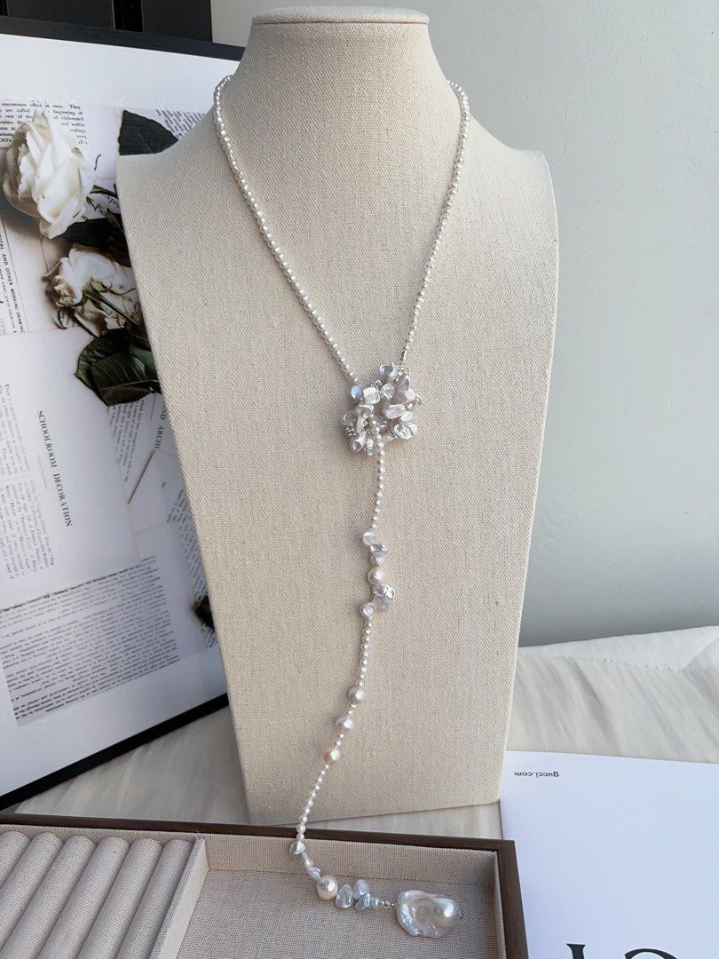 #PN992 Freshwater Pearl Necklace | 78cm Long Sweater Necklace | Flower Ring Design | Silver-stone Pearl| Fishtail Baroque | Lustrous | Multi Wearing | Unwrap Your Signature Sparkle