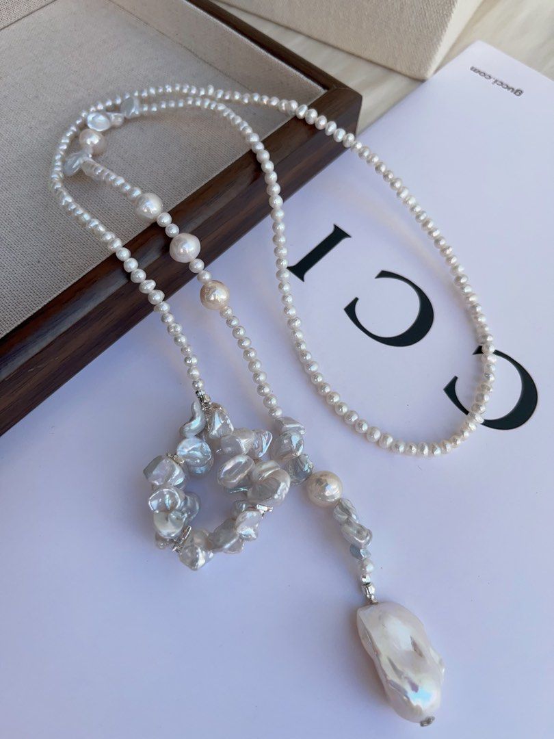 #PN992 Freshwater Pearl Necklace | 78cm Long Sweater Necklace | Flower Ring Design | Silver-stone Pearl| Fishtail Baroque | Lustrous | Multi Wearing | Unwrap Your Signature Sparkle