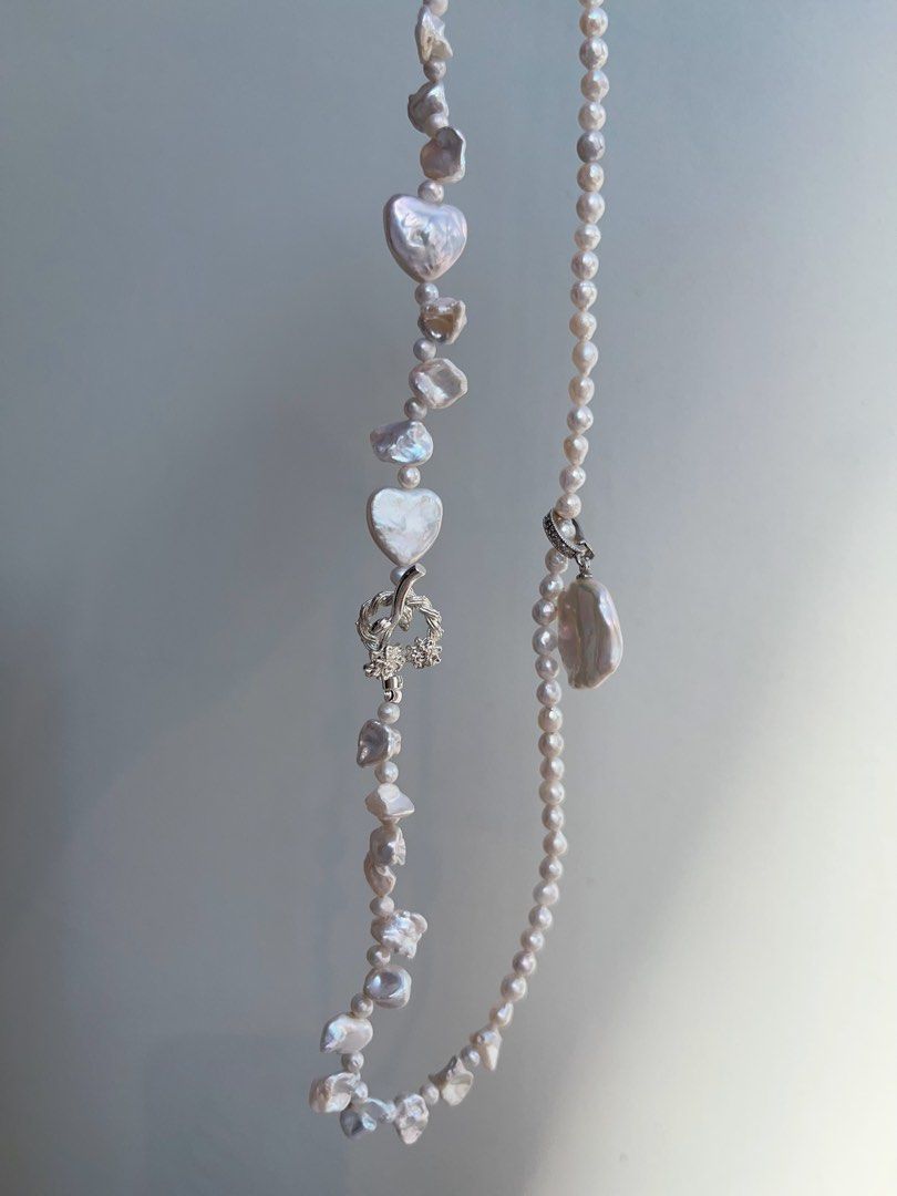 #PN993 Freshwater Pearl Necklace | Silver Irregular Shape Pearl| Lustrous | Heart Shaped Baroque | Removable Big Petal Pendant | 44cm| Minimal, Magical, Must-have