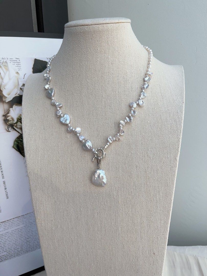 #PN993 Freshwater Pearl Necklace | Silver Irregular Shape Pearl| Lustrous | Heart Shaped Baroque | Removable Big Petal Pendant | 44cm| Minimal, Magical, Must-have