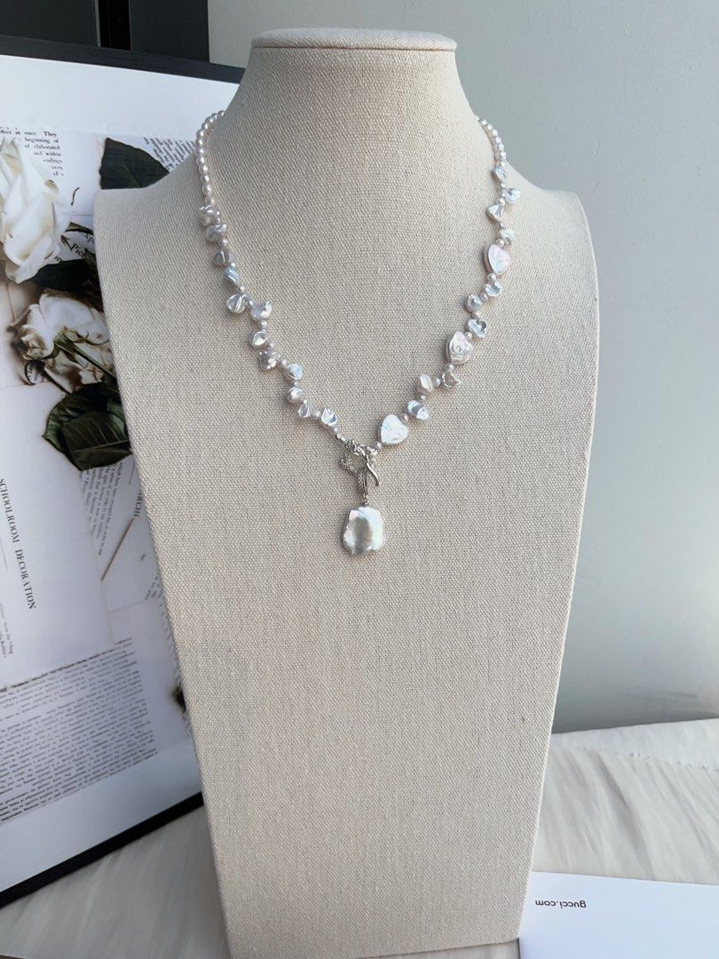 #PN993 Freshwater Pearl Necklace | Silver Irregular Shape Pearl| Lustrous | Heart Shaped Baroque | Removable Big Petal Pendant | 44cm| Minimal, Magical, Must-have