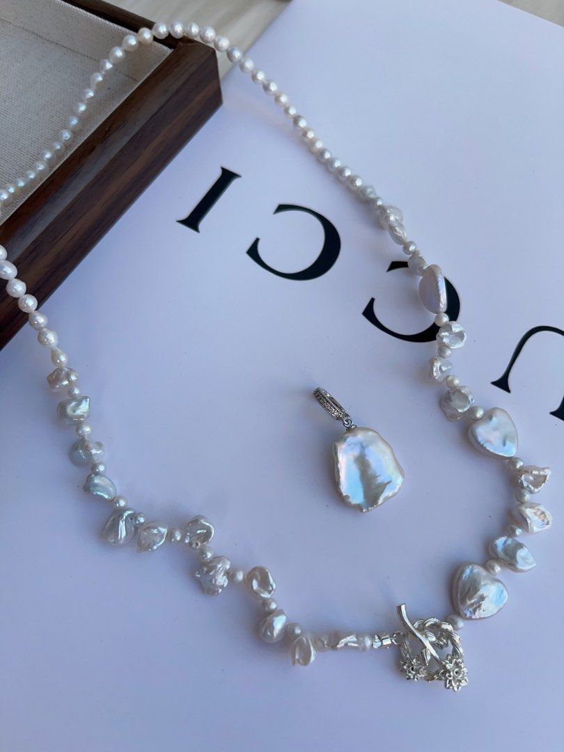 #PN993 Freshwater Pearl Necklace | Silver Irregular Shape Pearl| Lustrous | Heart Shaped Baroque | Removable Big Petal Pendant | 44cm| Minimal, Magical, Must-have