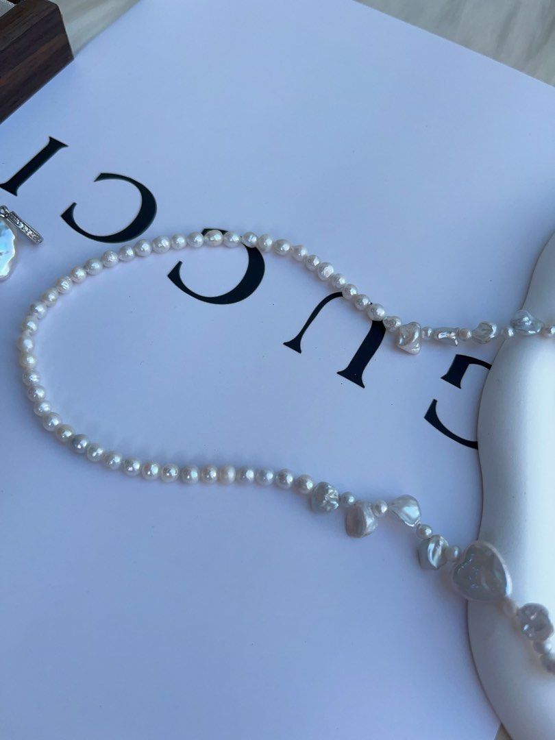 #PN993 Freshwater Pearl Necklace | Silver Irregular Shape Pearl| Lustrous | Heart Shaped Baroque | Removable Big Petal Pendant | 44cm| Minimal, Magical, Must-have