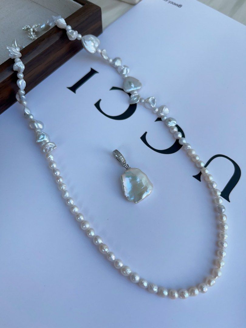 #PN993 Freshwater Pearl Necklace | Silver Irregular Shape Pearl| Lustrous | Heart Shaped Baroque | Removable Big Petal Pendant | 44cm| Minimal, Magical, Must-have
