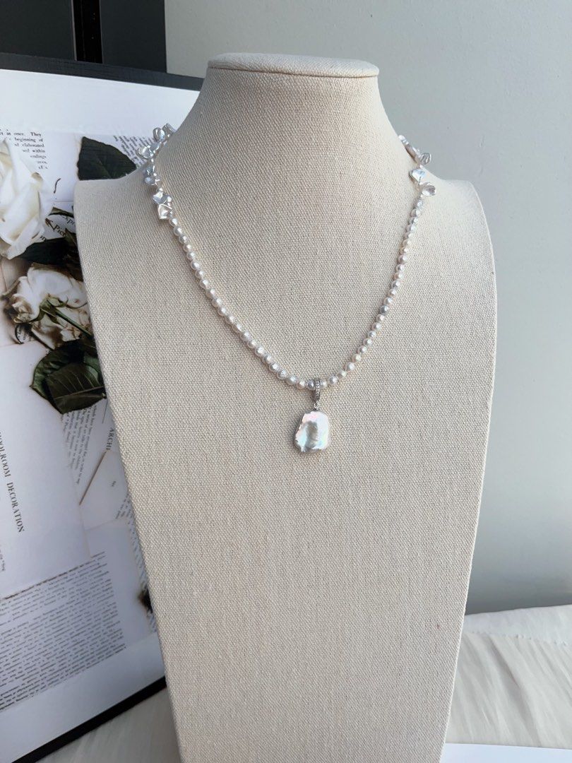 #PN993 Freshwater Pearl Necklace | Silver Irregular Shape Pearl| Lustrous | Heart Shaped Baroque | Removable Big Petal Pendant | 44cm| Minimal, Magical, Must-have