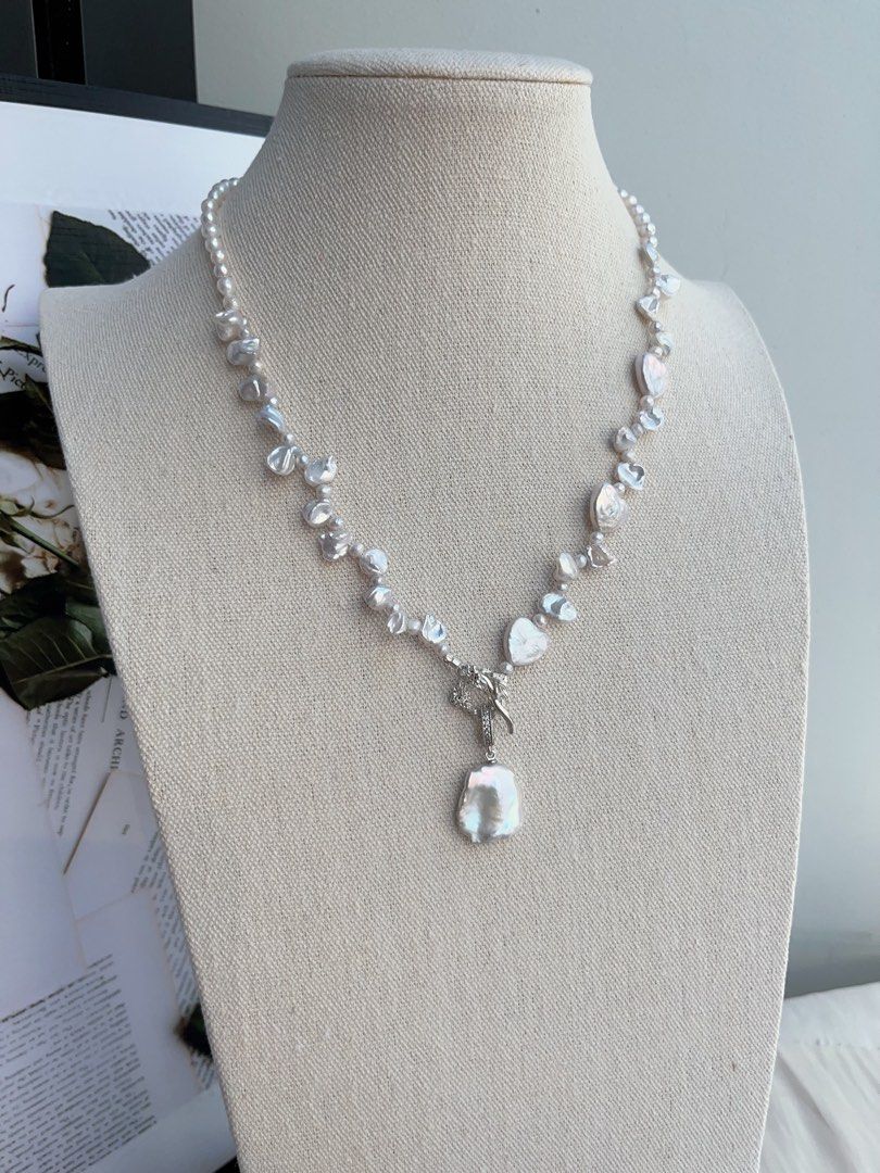 #PN993 Freshwater Pearl Necklace | Silver Irregular Shape Pearl| Lustrous | Heart Shaped Baroque | Removable Big Petal Pendant | 44cm| Minimal, Magical, Must-have