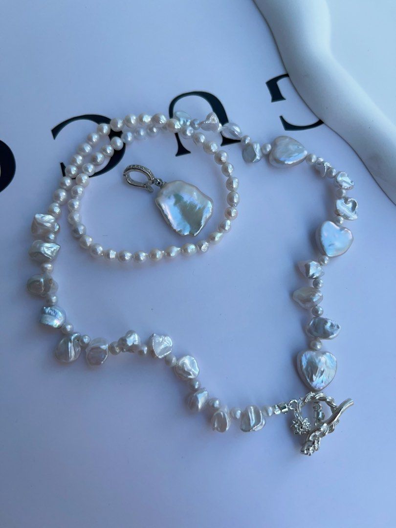 #PN993 Freshwater Pearl Necklace | Silver Irregular Shape Pearl| Lustrous | Heart Shaped Baroque | Removable Big Petal Pendant | 44cm| Minimal, Magical, Must-have