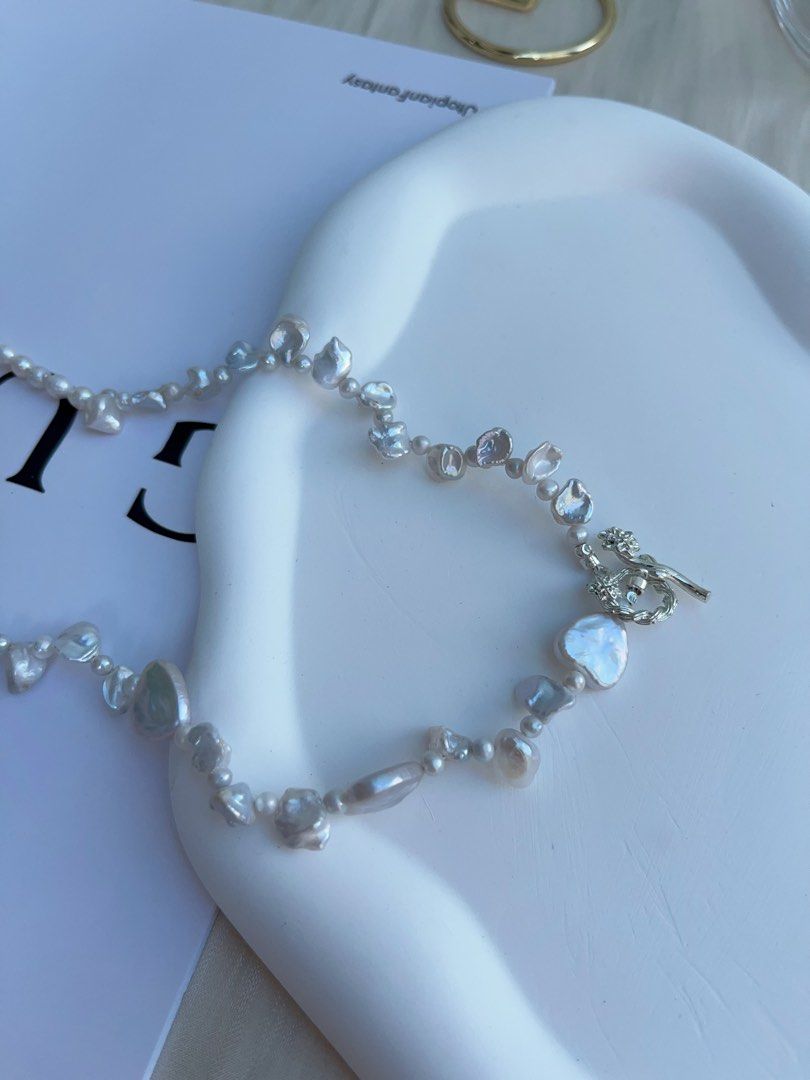 #PN993 Freshwater Pearl Necklace | Silver Irregular Shape Pearl| Lustrous | Heart Shaped Baroque | Removable Big Petal Pendant | 44cm| Minimal, Magical, Must-have