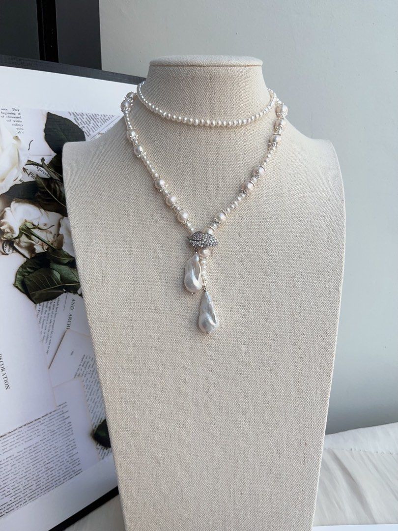 #PN994 Freshwater Pearl Necklace | Long Sweater Necklace 78cm| White Fishtail Baroque | Excellent Lustre | Wear at All Length| Silver Leaf 🍃 Clasp| Your Shine, Your Statement