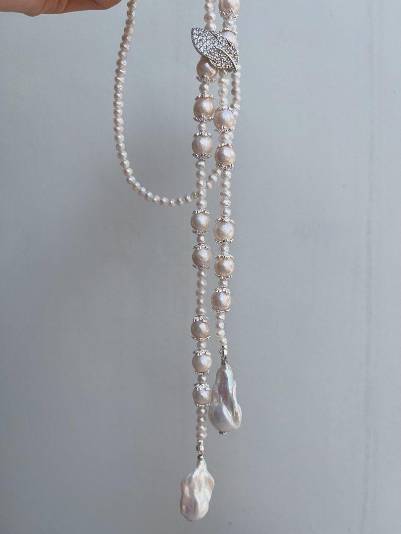 #PN994 Freshwater Pearl Necklace | Long Sweater Necklace 78cm| White Fishtail Baroque | Excellent Lustre | Wear at All Length| Silver Leaf 🍃 Clasp| Your Shine, Your Statement