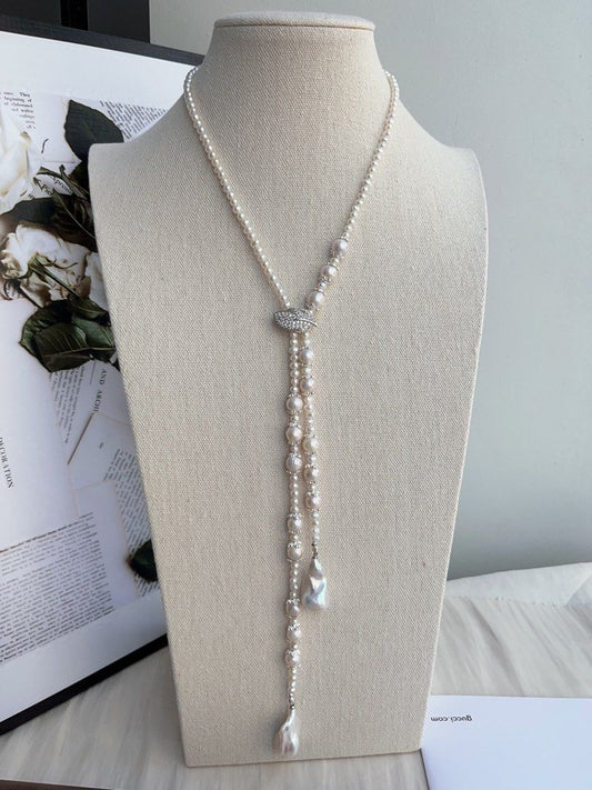 #PN994 Freshwater Pearl Necklace | Long Sweater Necklace 78cm| White Fishtail Baroque | Excellent Lustre | Wear at All Length| Silver Leaf 🍃 Clasp| Your Shine, Your Statement