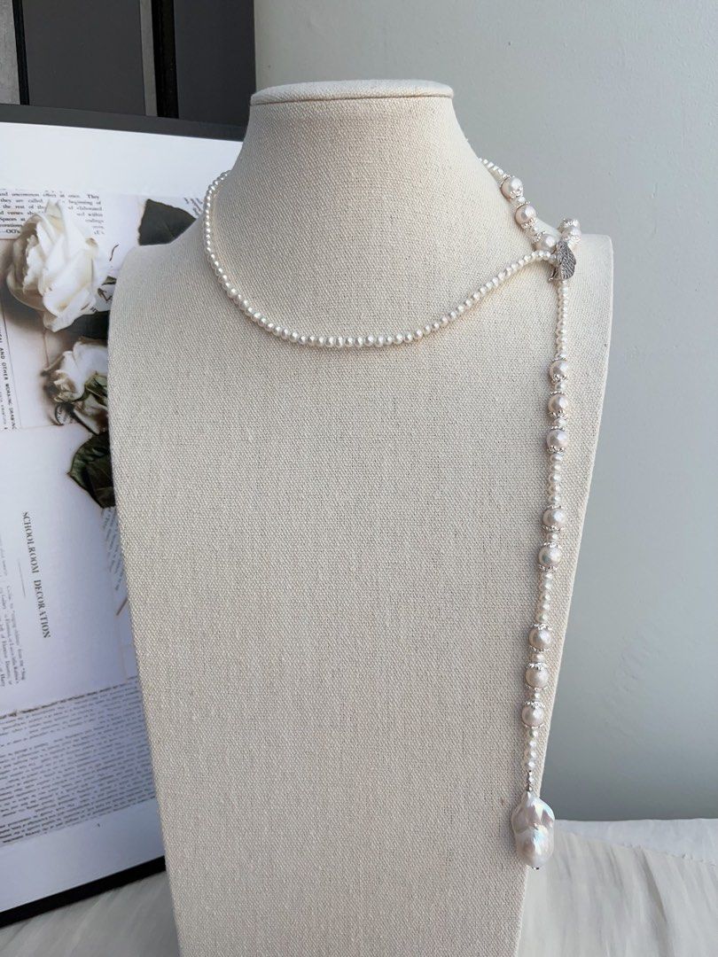 #PN994 Freshwater Pearl Necklace | Long Sweater Necklace 78cm| White Fishtail Baroque | Excellent Lustre | Wear at All Length| Silver Leaf 🍃 Clasp| Your Shine, Your Statement