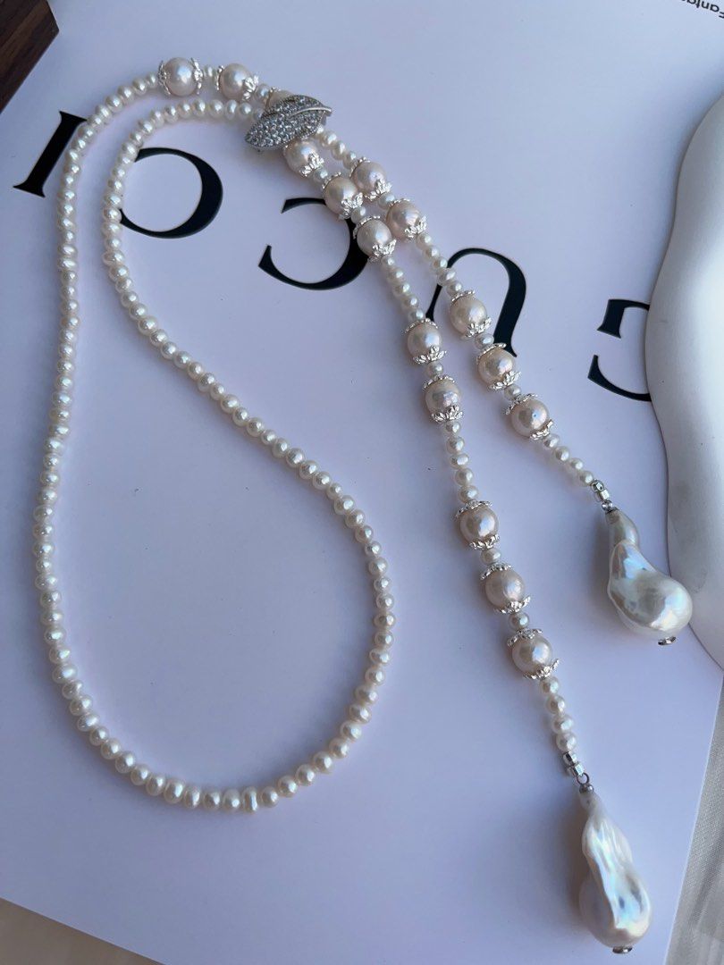 #PN994 Freshwater Pearl Necklace | Long Sweater Necklace 78cm| White Fishtail Baroque | Excellent Lustre | Wear at All Length| Silver Leaf 🍃 Clasp| Your Shine, Your Statement