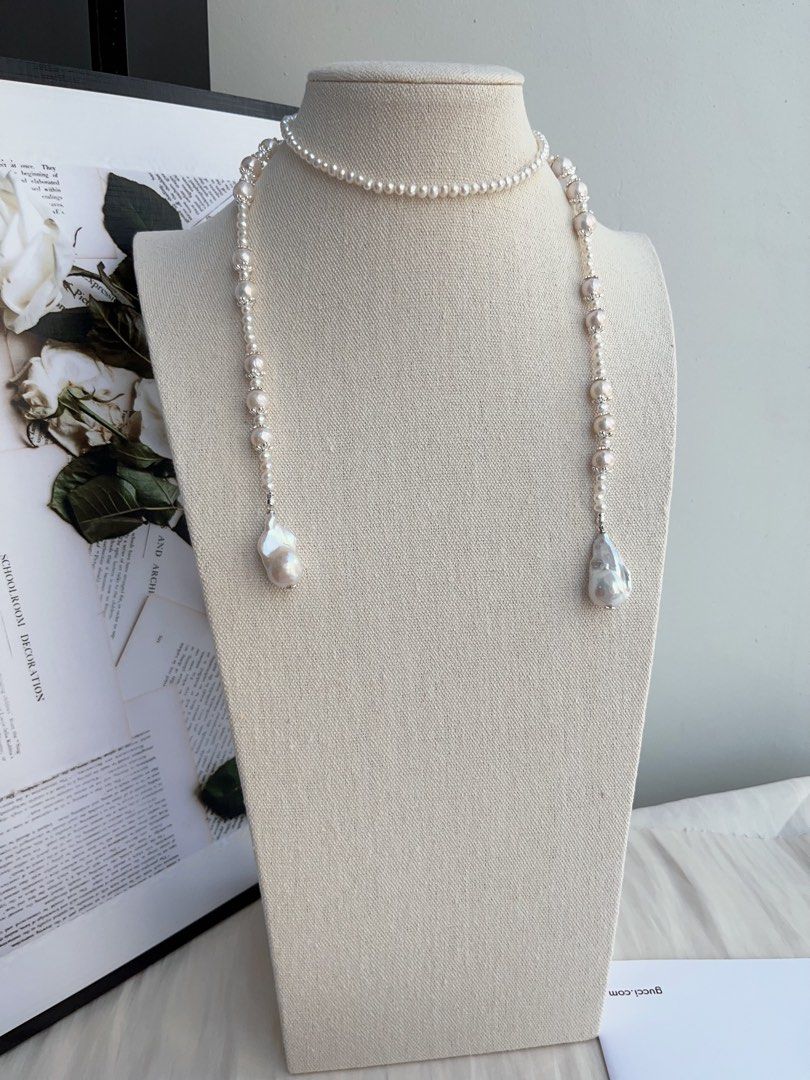 #PN994 Freshwater Pearl Necklace | Long Sweater Necklace 78cm| White Fishtail Baroque | Excellent Lustre | Wear at All Length| Silver Leaf 🍃 Clasp| Your Shine, Your Statement